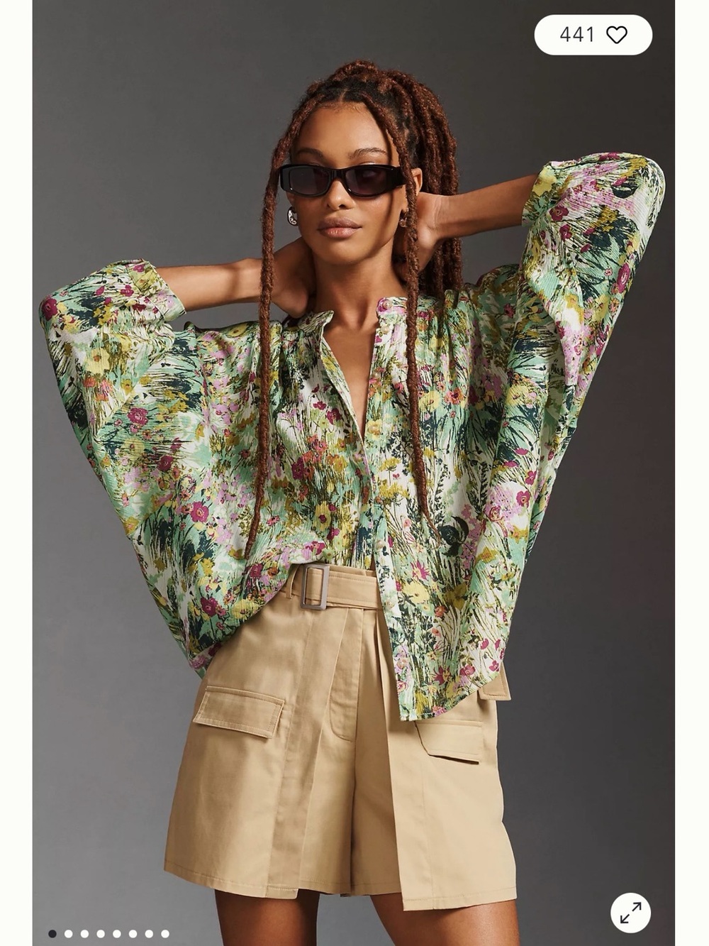 Pilcro Floral Button-Front Blouse in Green, Pink and Yellow